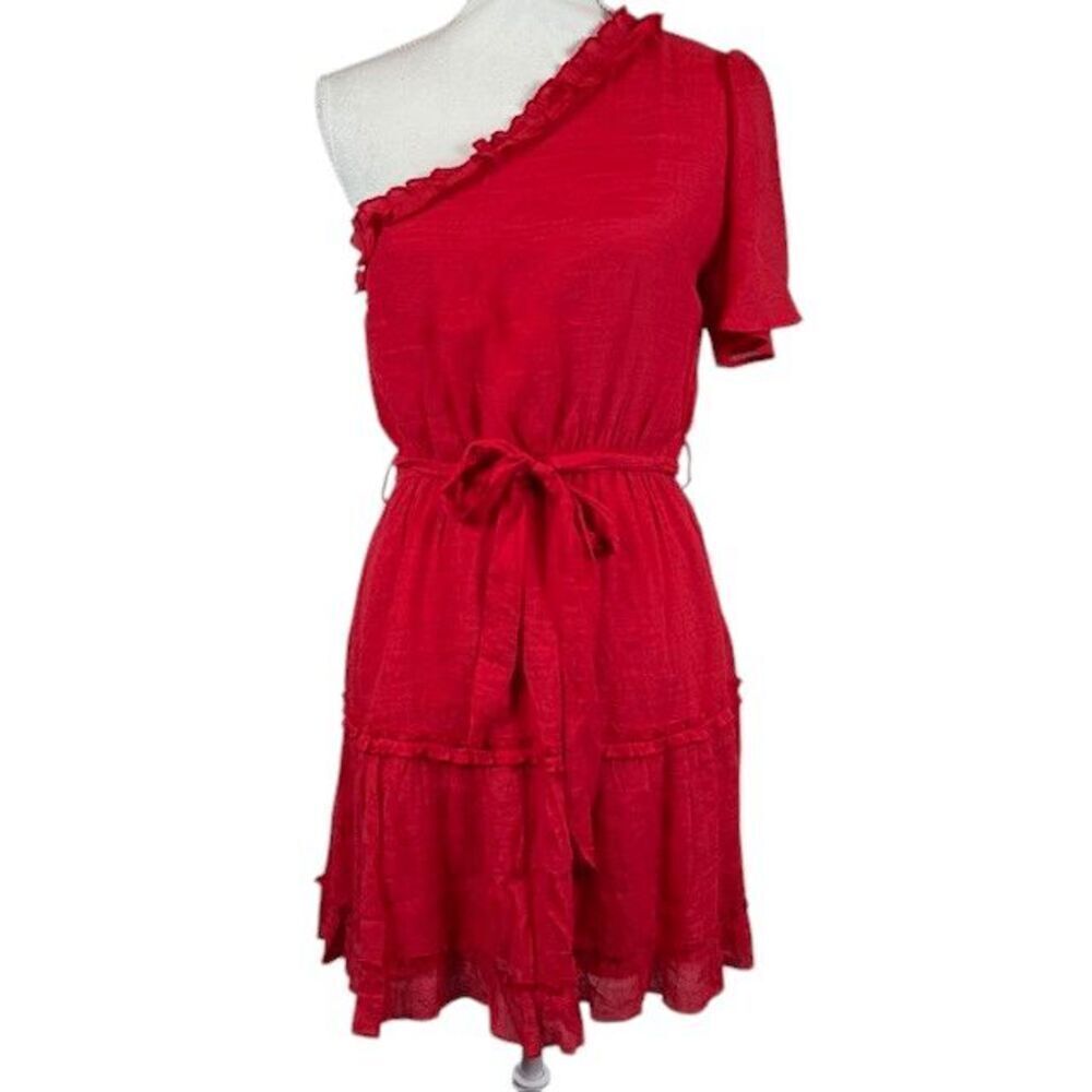 BaeVely One Shoulder Ruffle Red‎ Mini Dress Elastic Waist Lined Size Medium